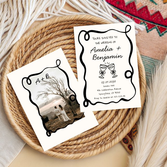 Black hand drawn champagne Whimsical Wedding  Invitation (Creator Uploaded)