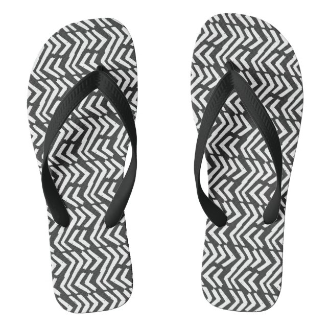Black Hand Drawn Chevron Pattern Flip Flops (Footbed)
