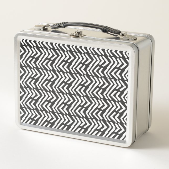 Black Hand Drawn Chevron Pattern Metal Lunch Box (Front)