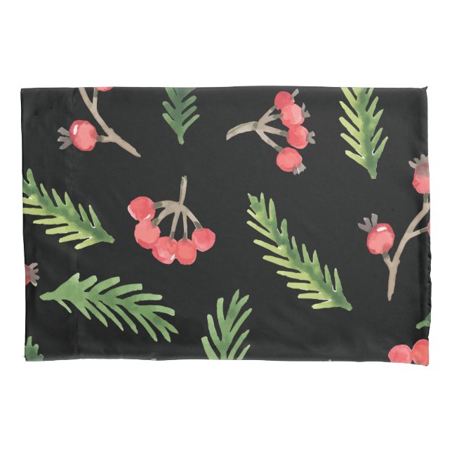 Black Hand Drawn Christmas Mistletoe Pattern Pillowcase (Front)