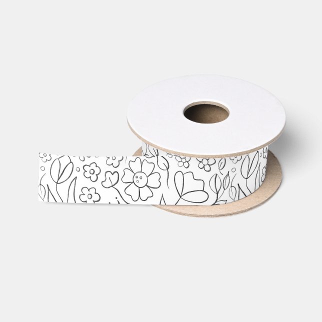 Black hand drawn doodle flowers satin ribbon (Spool)