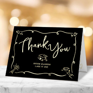 Black Hand Drawn Doodle Style Graduation Real Gold Foil Greeting Card