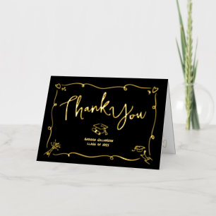 Black Hand Drawn Doodle Style Graduation Real Gold Foil Greeting Card