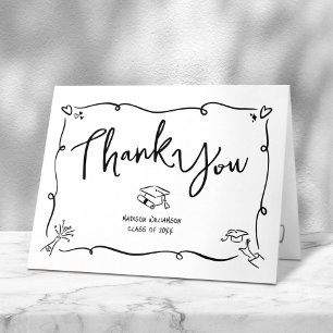 Black Hand Drawn Doodle Style Graduation White Fun Thank You Card