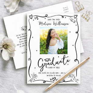 Black Hand Drawn Doodles Graduation Photo White Invitation Postcard