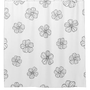Black hand drawn flowers on white background. Seam