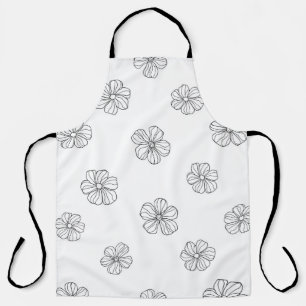 Black hand drawn flowers on white background. Seam Apron
