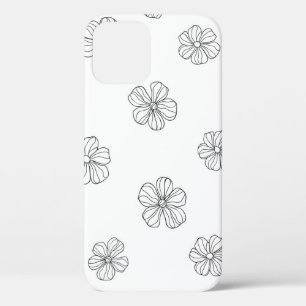 Black hand drawn flowers on white background. Seam iPhone 12 Case