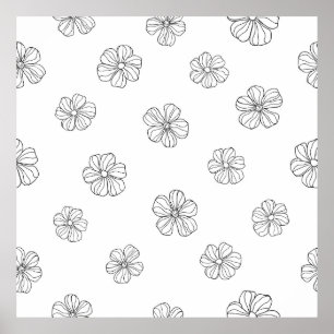 Black hand drawn flowers on white background. Seam Poster