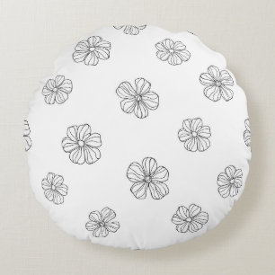Black hand drawn flowers on white background. Seam Round Pillow