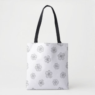 Black hand drawn flowers on white background. Seam Tote Bag