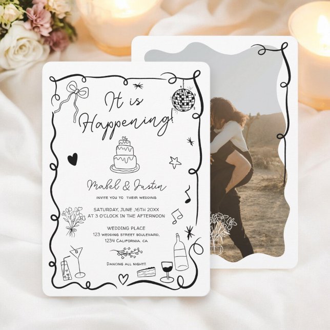 Black hand drawn illustrated photo wedding invitation (Black hand drawn illustrated photo wedding invitation)