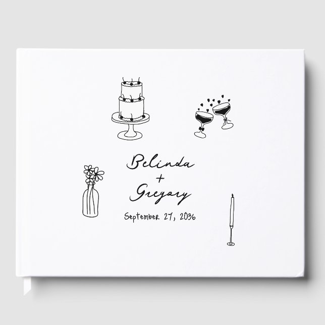 Black Hand Drawn Illustrations Doodles Wedding Guest Book (Front)