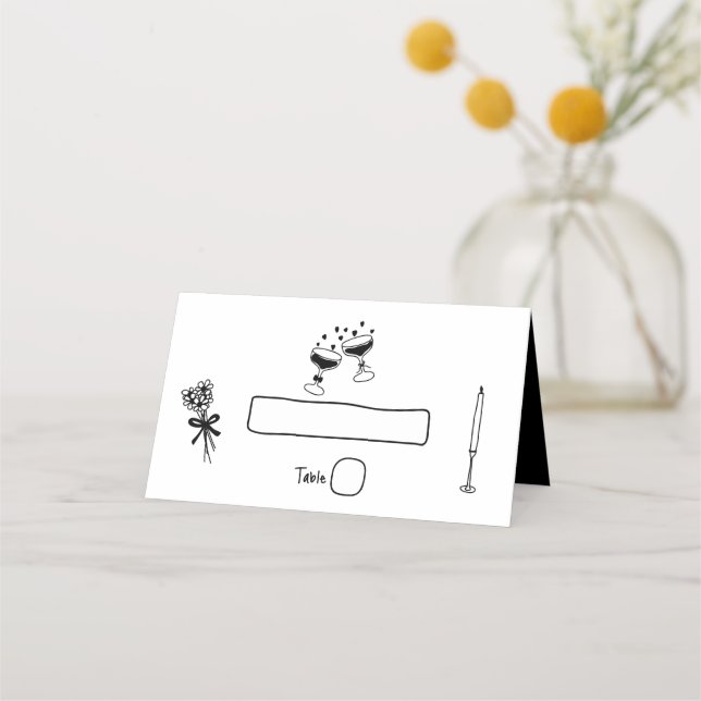 Black Hand Drawn Illustrations Doodles Wedding Place Card (Front)