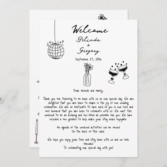Black Hand Drawn Illustrations Wedding Itinerary (Front/Back)