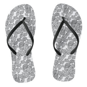 Black Hand-Drawn Leaves on White  Flip Flops
