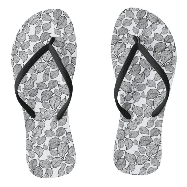 Black Hand-Drawn Leaves on White  Flip Flops (Footbed)