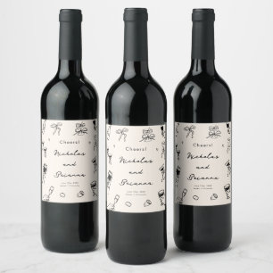Black Hand Drawn Quirky Wedding Wine Label