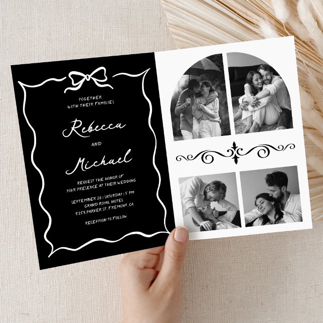 Black Hand Drawn White Bow QR Code Photo Wedding Invitation (Creator Uploaded)