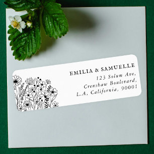 Black Hand Drawn Wildflowers Rustic Return Address