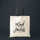 Black Hand Lettering Maid of Honour Tote Bag<br><div class="desc">Modern and classic tote bag featuring black MAID OF HONOUR hand lettering script. Personalize by adding the receivers name or the hashtag of the wedding. Perfect as a gift for your wedding party or bridal party.</div>