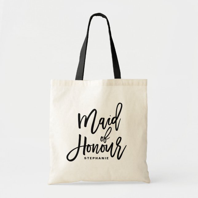 Black Hand Lettering Maid of Honour Tote Bag (Front)