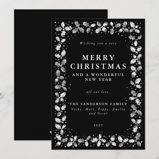 Black Hand Printed Holly Holiday Card (Front/Back)