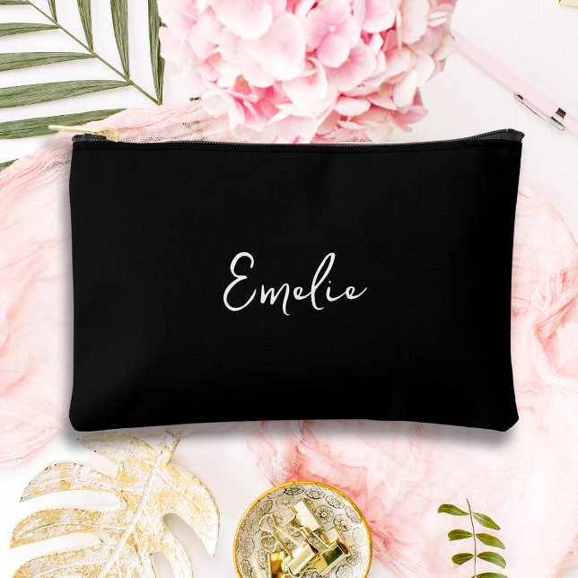 Black hand script monogram modern  accessory pouch (Black script monogram accessory pouch make up bag or pencil case gift for her)
