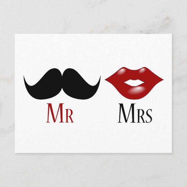 Black Handlebar Moustache Mr and Mrs Announcement Postcard (Front)