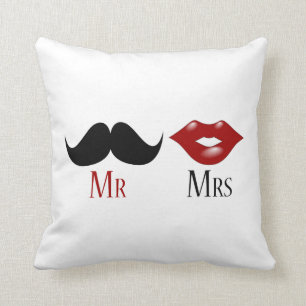 Black Handlebar Moustache Mr and Mrs Throw Pillow