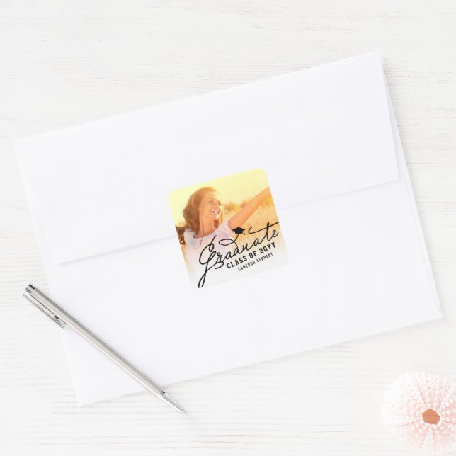 Black Handwriting Graduate Script Modern Photo  Square Sticker (Envelope)