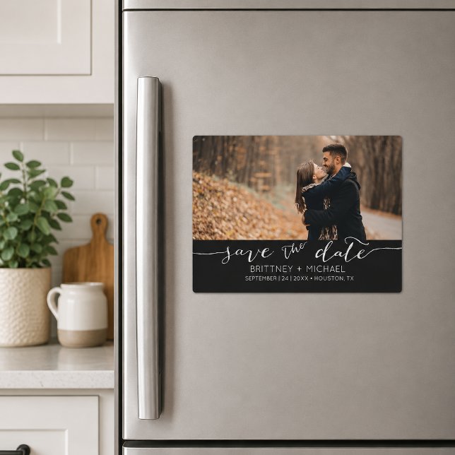 Black Handwritten Save the Date Magnetic Invitation (Elegant black save the date magnet featuring romantic handwritten script typography)