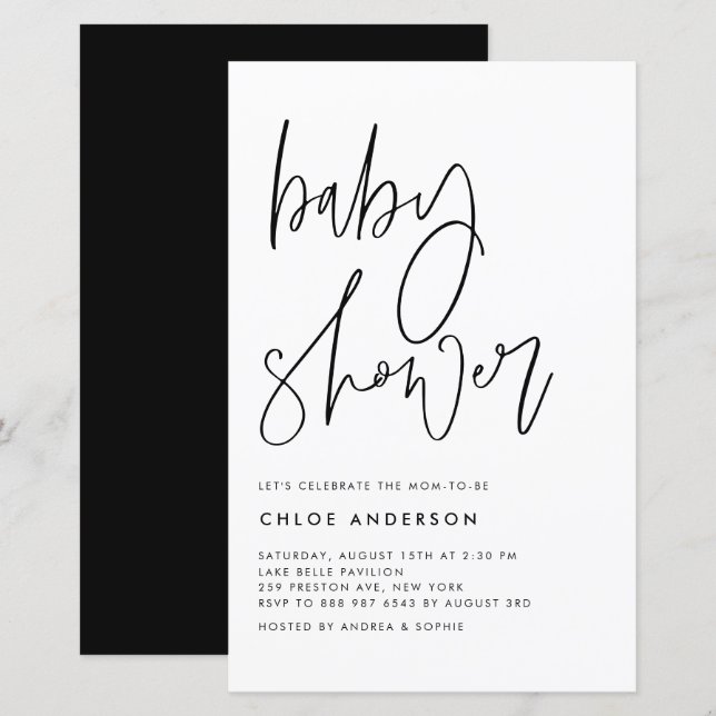 Black Handwritten Script Baby Shower Invite (Front/Back)