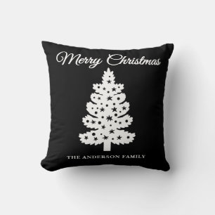 Black Handwritten Script Christmas Tree Throw Pillow