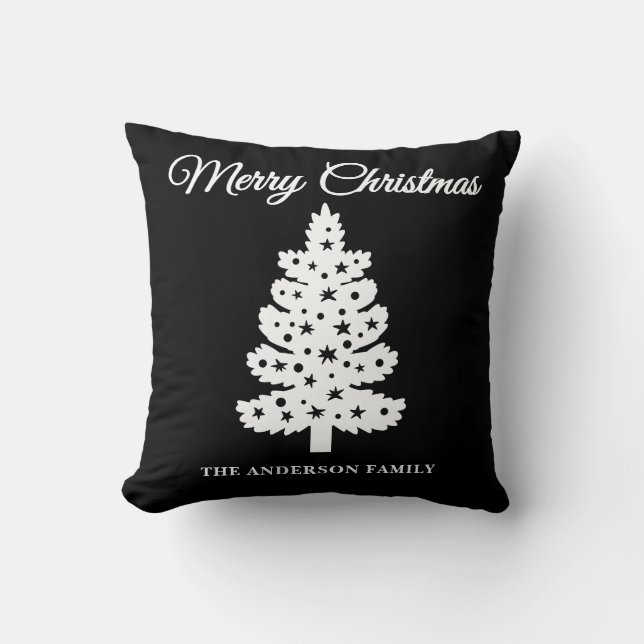 Black Handwritten Script Christmas Tree Throw Pillow (Front)
