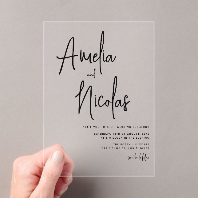 Black Handwritten Script Minimalist Wedding Acrylic Invitations (Insitu (Handheld))