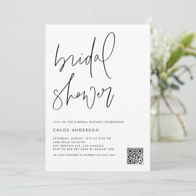 Black Handwritten Script QR Code Bridal Shower Invitation (Standing Front)