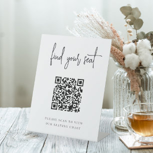 Black Handwritten Script QR Code Wedding Seating Pedestal Sign