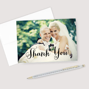 Black Handwritten Script Wedding Photo Thank You Card