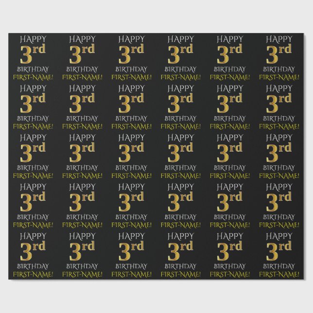 Black, "HAPPY 3rd BIRTHDAY" Wrapping Paper (Flat)