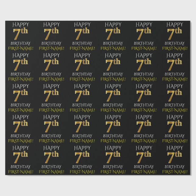 Black, "HAPPY 7th BIRTHDAY" Wrapping Paper (Flat)