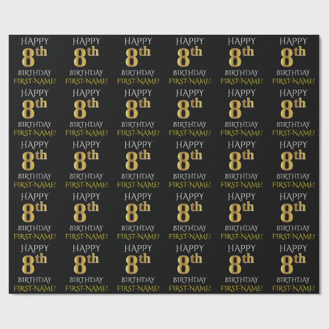 Black, "HAPPY 8th BIRTHDAY" Wrapping Paper (Flat)