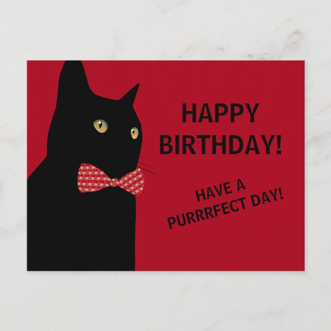 Black Happy Birthday Cat with a Red Bow Tie Postcard (Front)