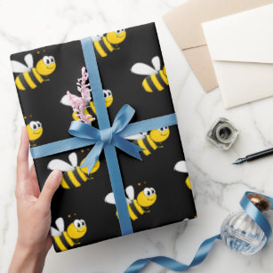 Black happy bumble bees cute fun wrapping paper