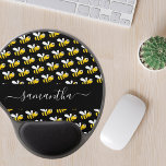 Black happy bumble bees fun humour monogram script gel mouse pad<br><div class="desc">Decorated with happy, smiling yellow and black bumble bees. A chic black background. Personalize and add a name. The name is written with a modern hand lettered stylie script with swashes. To keep the swashes only delete the sample name, leave the spaces or emoji's in front and after the name....</div>