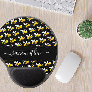 Black happy bumble bees fun humour monogram script gel mouse pad