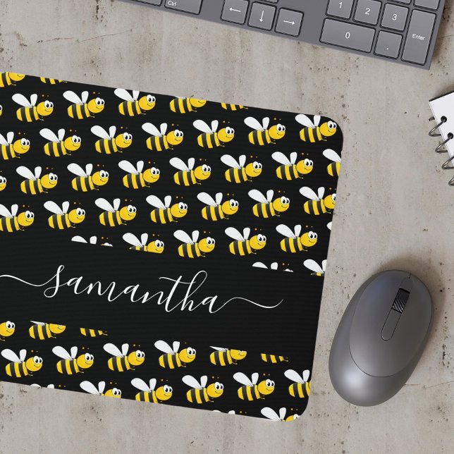Black happy bumble bees fun humour monogram script mouse pad (Creator Uploaded)