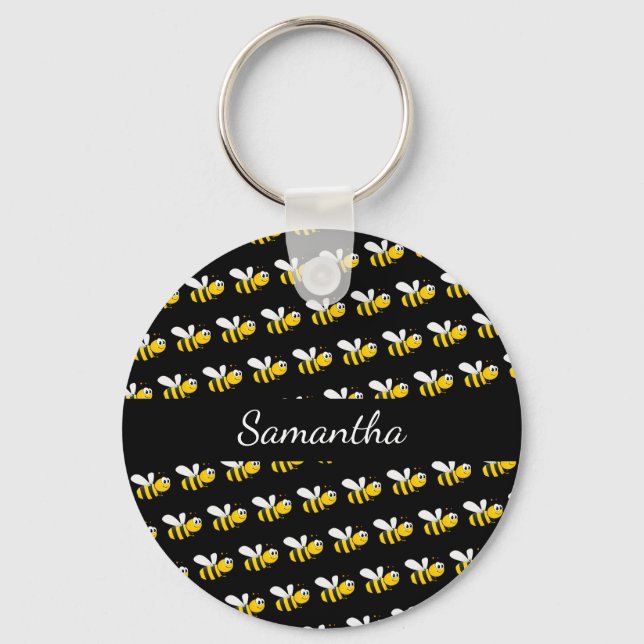 Black happy bumble bees monogram name keychain (Front)