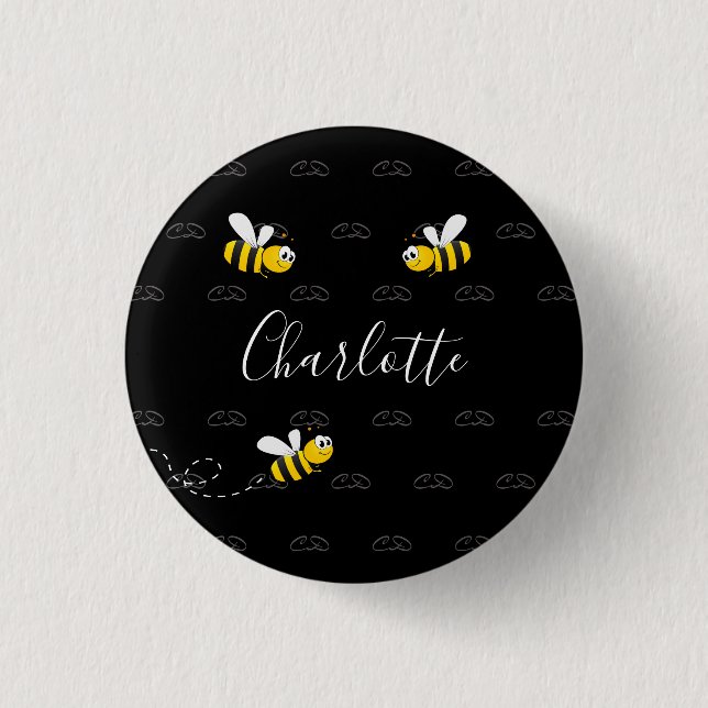 Black happy bumble bees summer fun humour monogram 1 inch round button (Front)