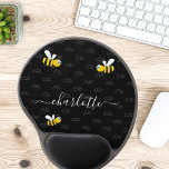 Black happy bumble bees summer fun humour monogram gel mouse pad<br><div class="desc">Decorated with happy, smiling yellow and black bumble bees. A chic black background. Personalize and add a name and your monogram, initials. The monogram in grey as a pattern in the background. The name is written in white with a modern hand lettered stylie script with swashes. To keep the swashes...</div>
